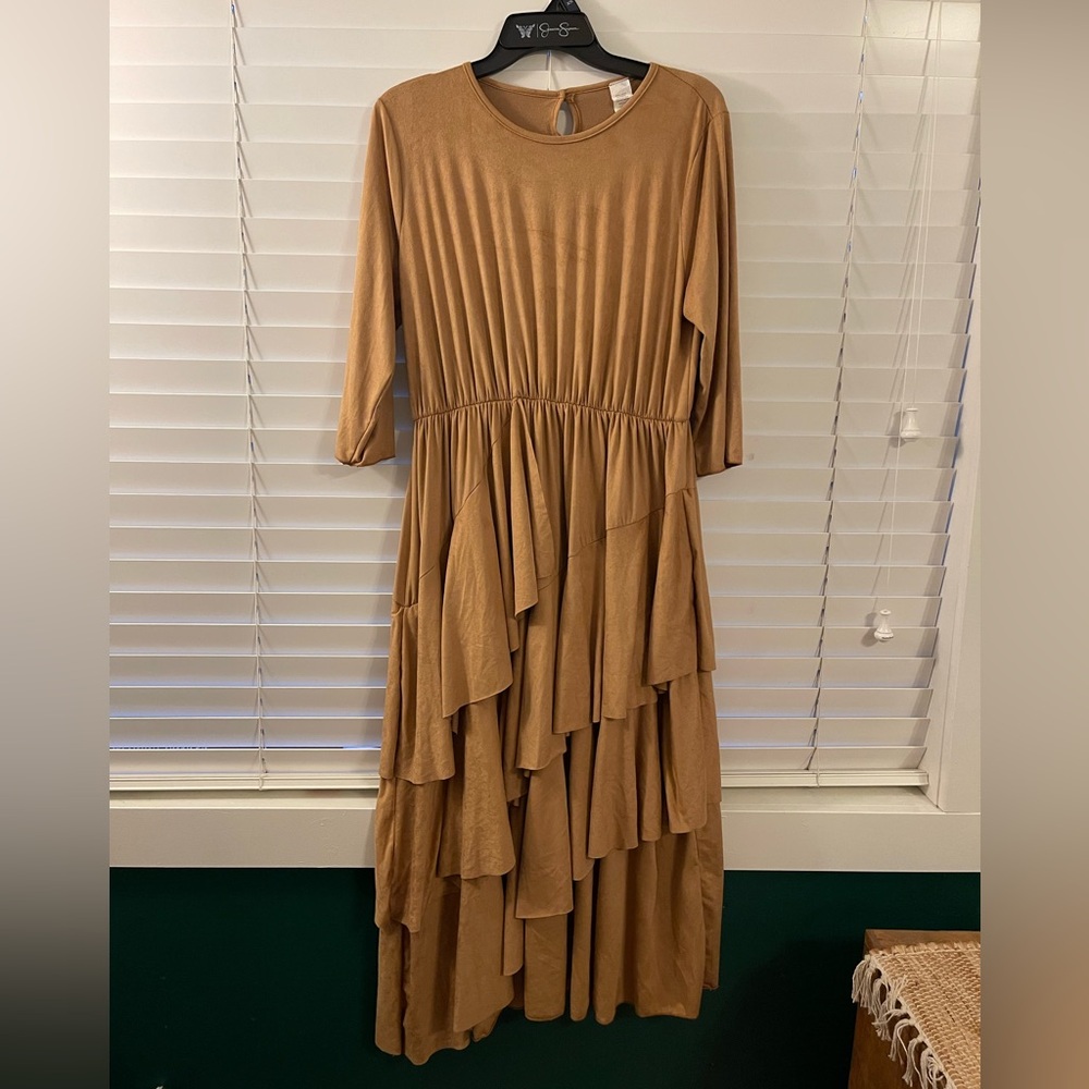 Elegant Tan Layered Ruggled Dress